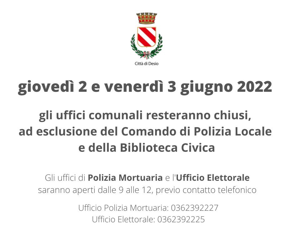 Avviso chiusura uffici 2 e 3 giugno 2022