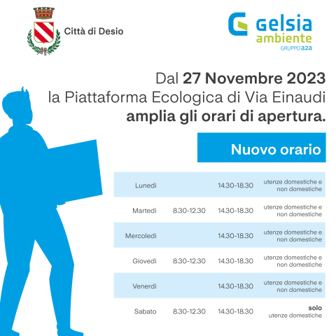 Novità alla Piattaforma Ecologica: dal 27 novembre apertura sino alle 18.30  per tutte le utenze. Ingresso consentito anche il lunedì pomeriggio